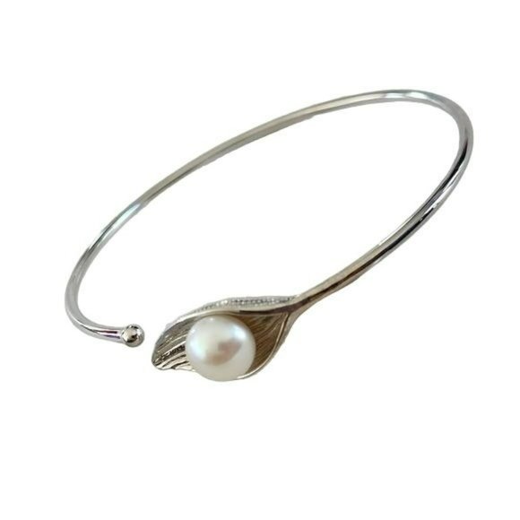 925S Silver 10mm Real Cultured White Freshwater‎ Pearl Solitaire Bangle Bracelet - Picture 3 of 14